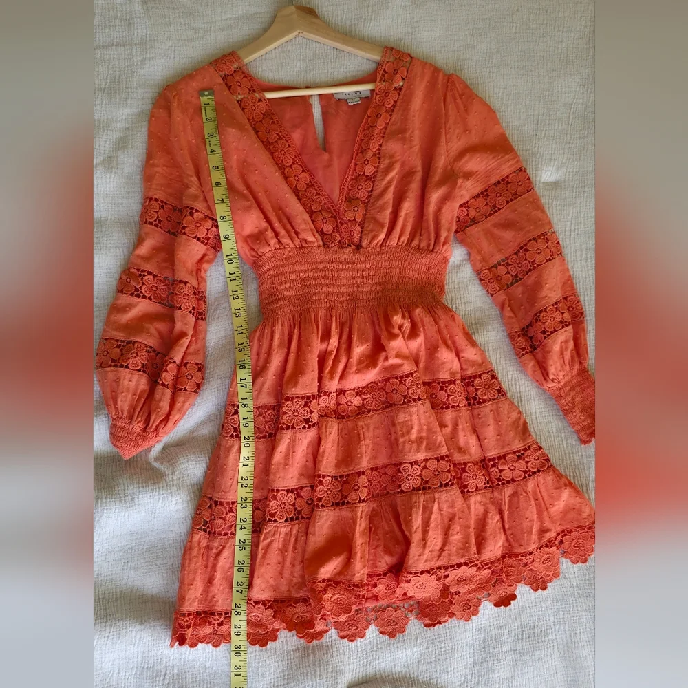 Organge Lace Cottagecore Mini Dress Long Sleeves Romantic Boho Prairie Smocked - Picture 8 of 10